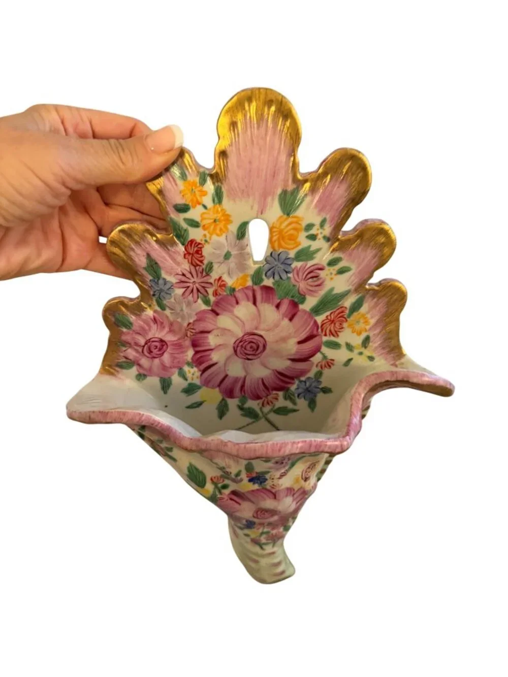 Antique French Cornucopia Shaped Hand-painted Floral Wall Vase Decorative